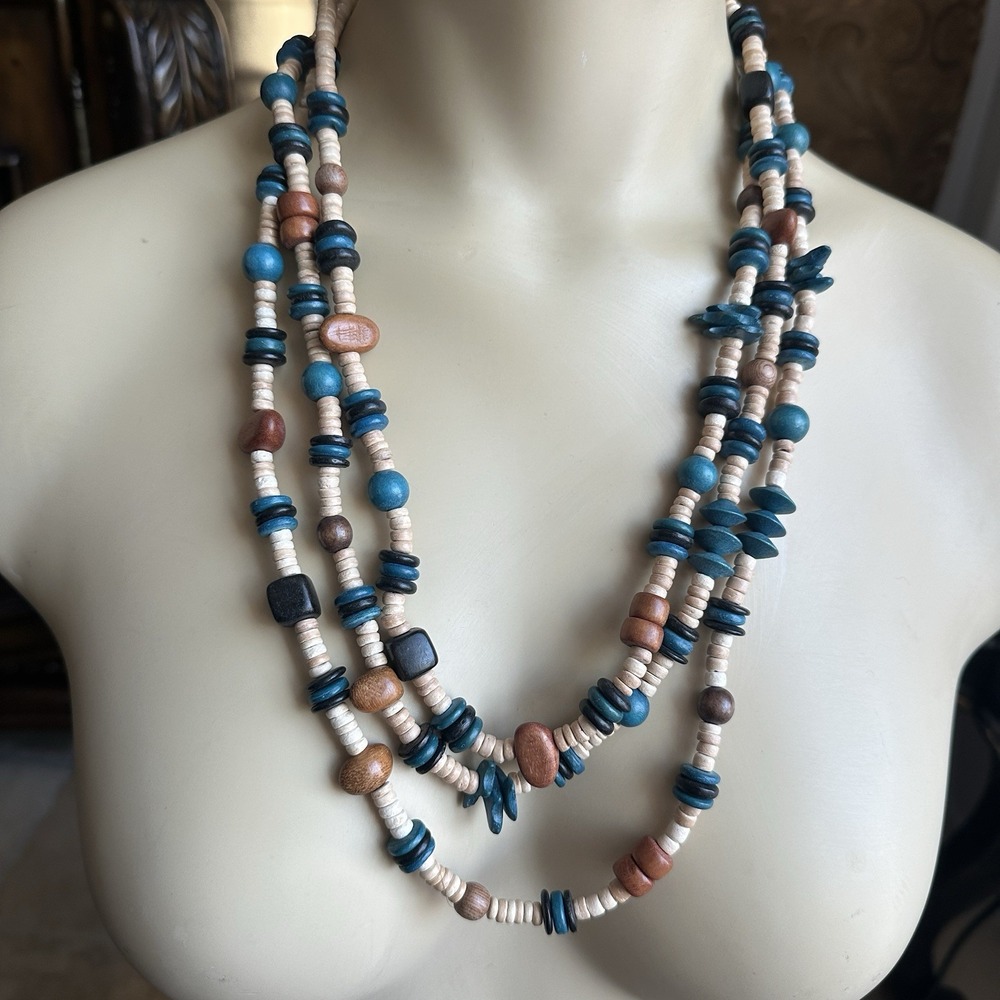 Vintage Boho Necklace 23 Inch Wooden Blue Brown Beads Multi Strands Tribal